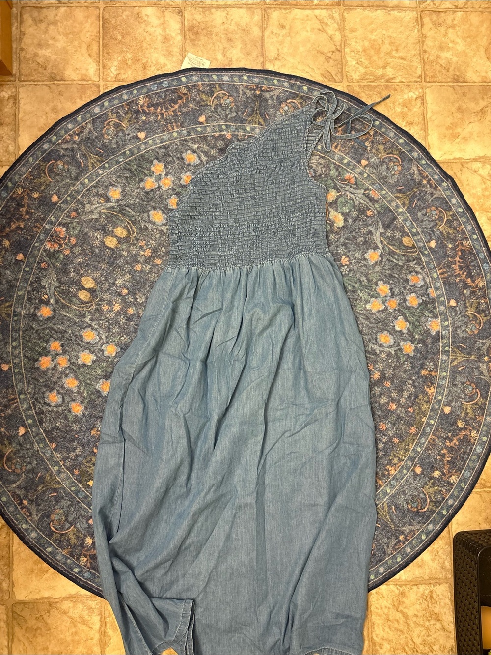 ASOS One-Shoulder Smocked Chambray Dress in Light Blue